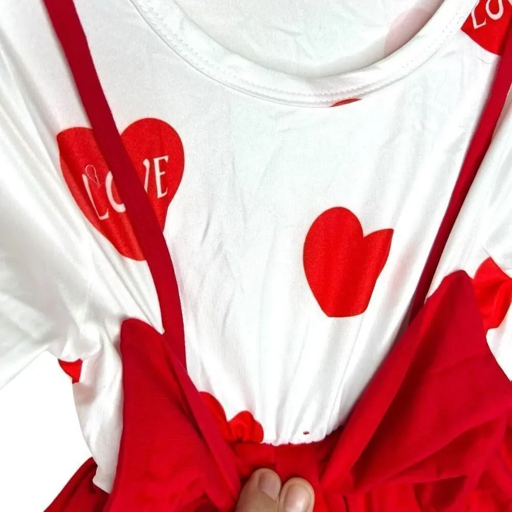 Girls Valentine Outfit Long Sleeve Heart Top with Red Suspender Bow Skirt Size 1